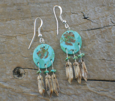 Native American War Shield Feather Dangle Turquoise Shell